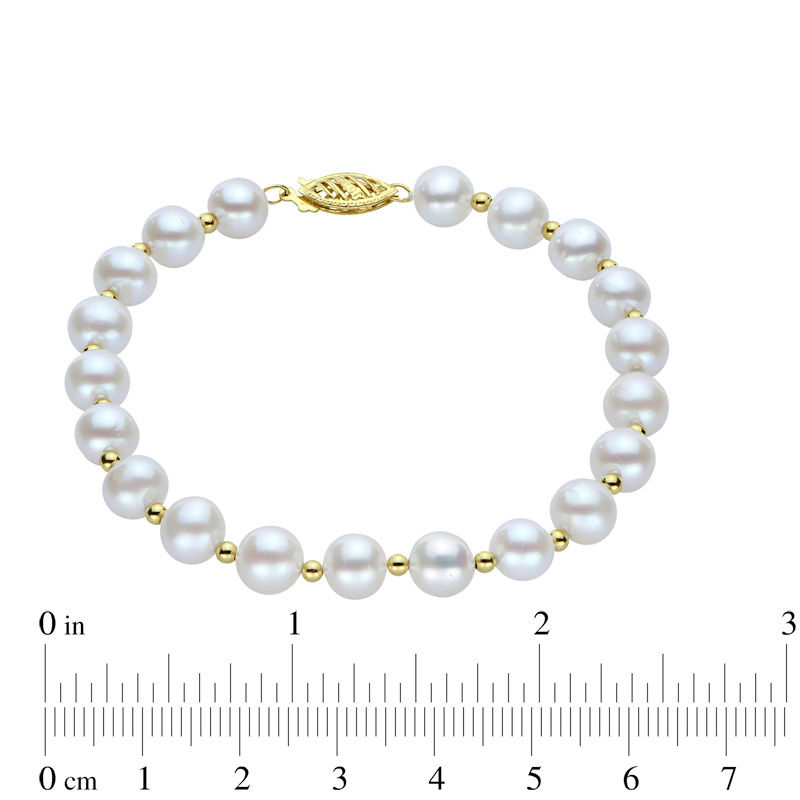7.0-7.5mm Oval Freshwater Cultured Pearl and 10K Gold Bead Strand Bracelet-7.5"