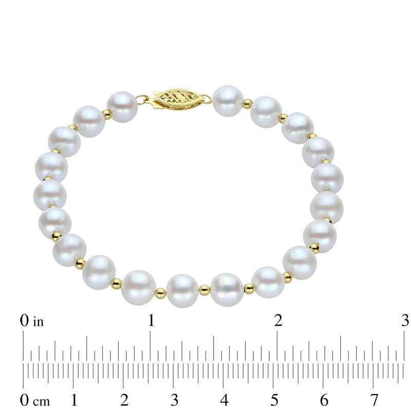 Main Image 2 of 7.0-7.5mm Oval Freshwater Cultured Pearl and 10K Gold Bead Strand Bracelet-7.5"