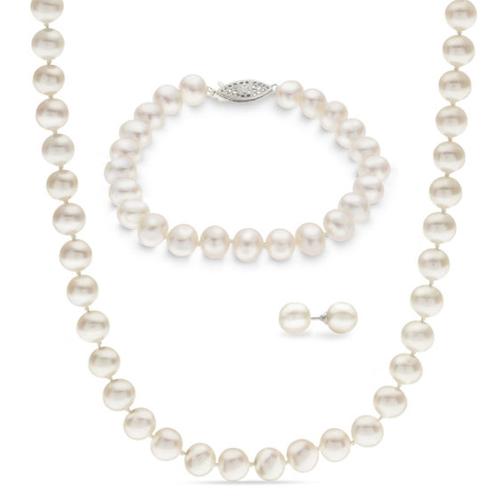 7.0 - 7.5mm Cultured Freshwater Pearl Strand Necklace, Bracelet and ...