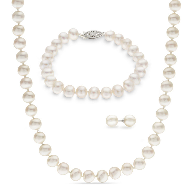 7.0 - 7.5mm Cultured Freshwater Pearl Strand Necklace, Bracelet and Stud Earrings Set in Sterling Silver - 7.5"