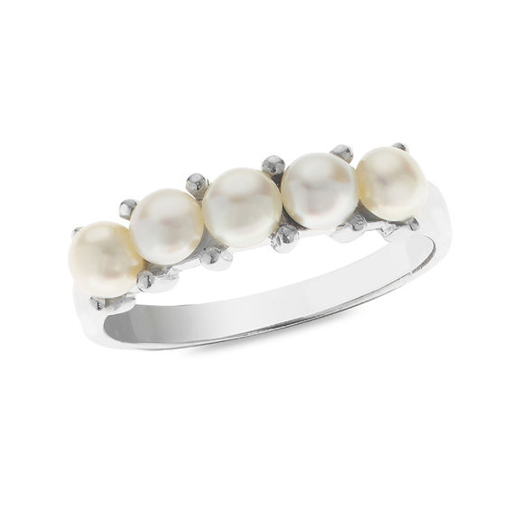 3.5-4.0mm Button Cultured Freshwater Pearl Five Stone Ring in Sterling Silver - Size 7