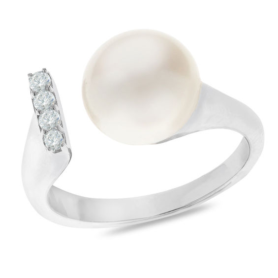 9.5-10.0mm Button Cultured Freshwater Pearl and White Topaz Open Ring in Sterling Silver - Size 7