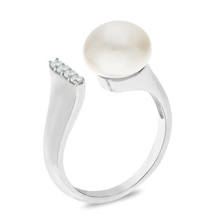 9.5-10.0mm Button Cultured Freshwater Pearl and White Topaz Open Ring ...