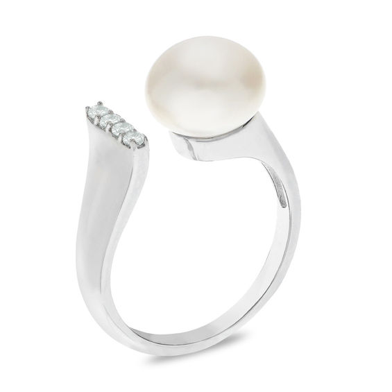 9.5-10.0mm Button Cultured Freshwater Pearl and White Topaz Open Ring in Sterling Silver - Size 7