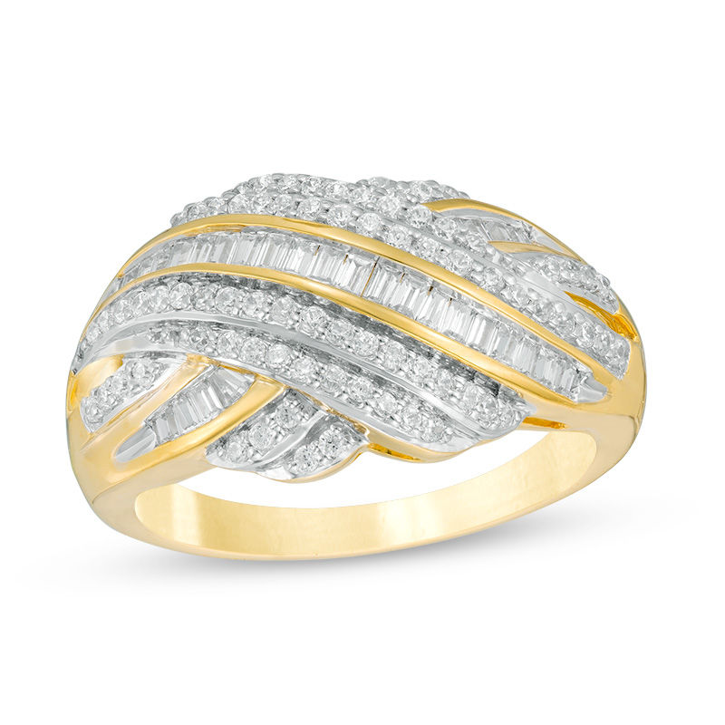 Main Image 1 of 1/2 CT. T.W. Baguette and Round Diamond Layered Crossover Ring in 14K Gold