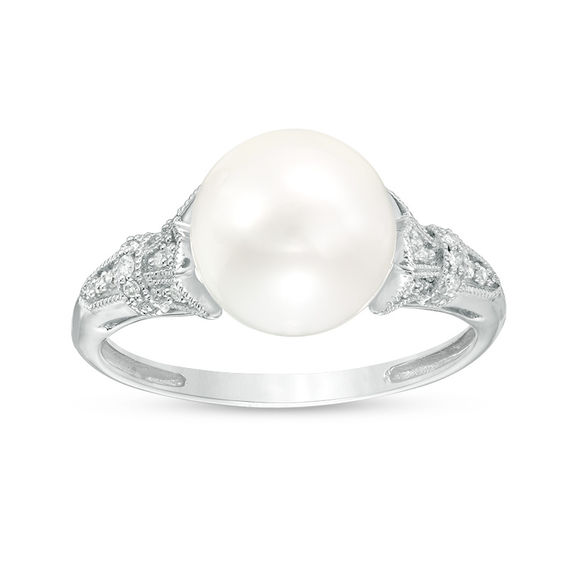 9.0-10.0mm Freshwater Cultured Pearl and Diamond Accent Vintage-Style Collar Ring in 10K White Gold