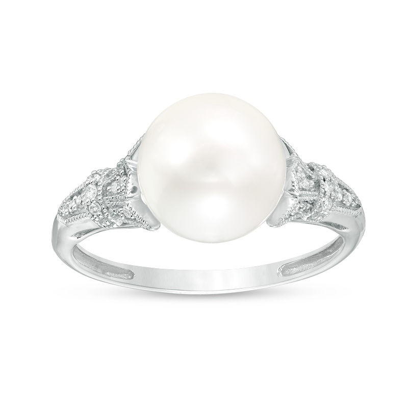 Main Image 1 of 9.0-10.0mm Freshwater Cultured Pearl and Diamond Accent Vintage-Style Collar Ring in 10K White Gold