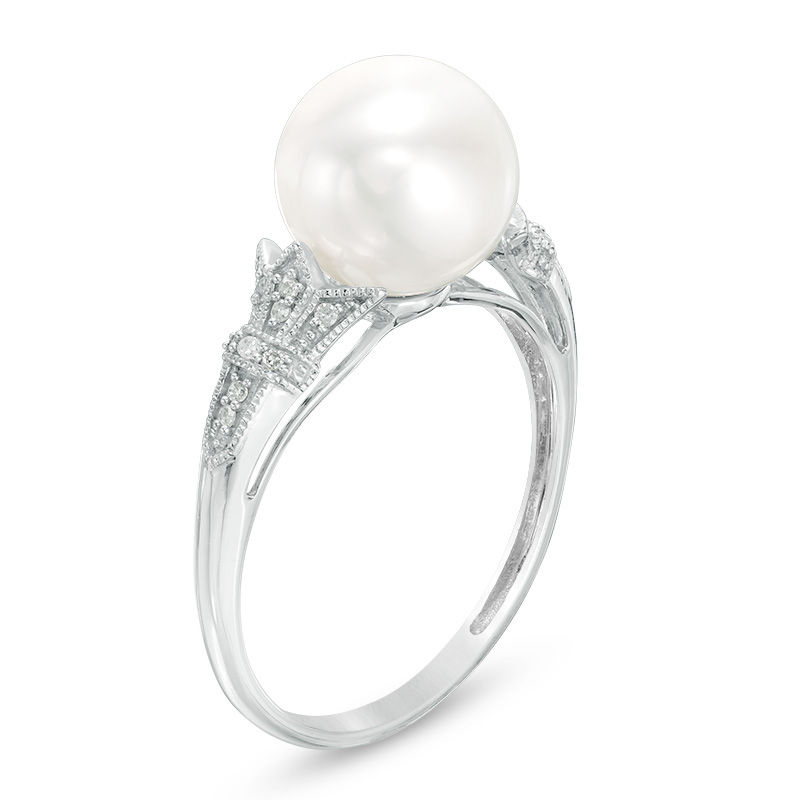 Main Image 2 of 9.0-10.0mm Freshwater Cultured Pearl and Diamond Accent Vintage-Style Collar Ring in 10K White Gold