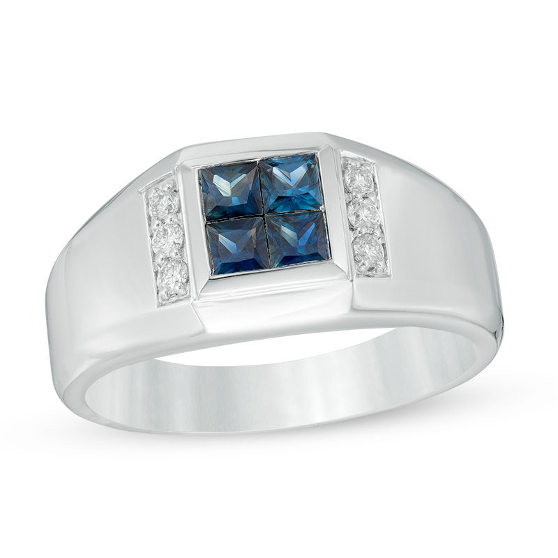 Main Image 1 of Men's Quad Square Sapphire and 1/8 CT. T.W. Diamond Ring in 10K White Gold