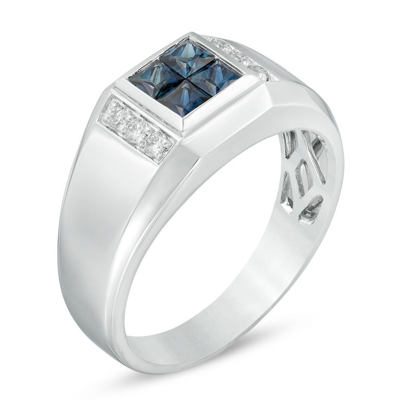 Main Image 2 of Men's Quad Square Sapphire and 1/8 CT. T.W. Diamond Ring in 10K White Gold