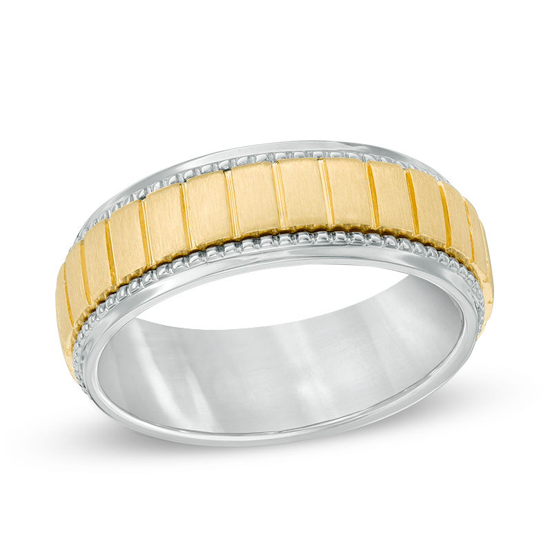 Main Image 1 of Men's 8.0mm Comfort Fit Brick-Pattern Wedding Band in 10K Two-Tone Gold - Size 10