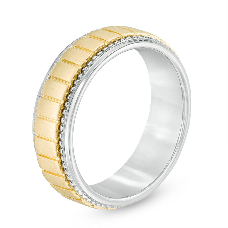 Main Image 2 of Men's 8.0mm Comfort Fit Brick-Pattern Wedding Band in 10K Two-Tone Gold - Size 10