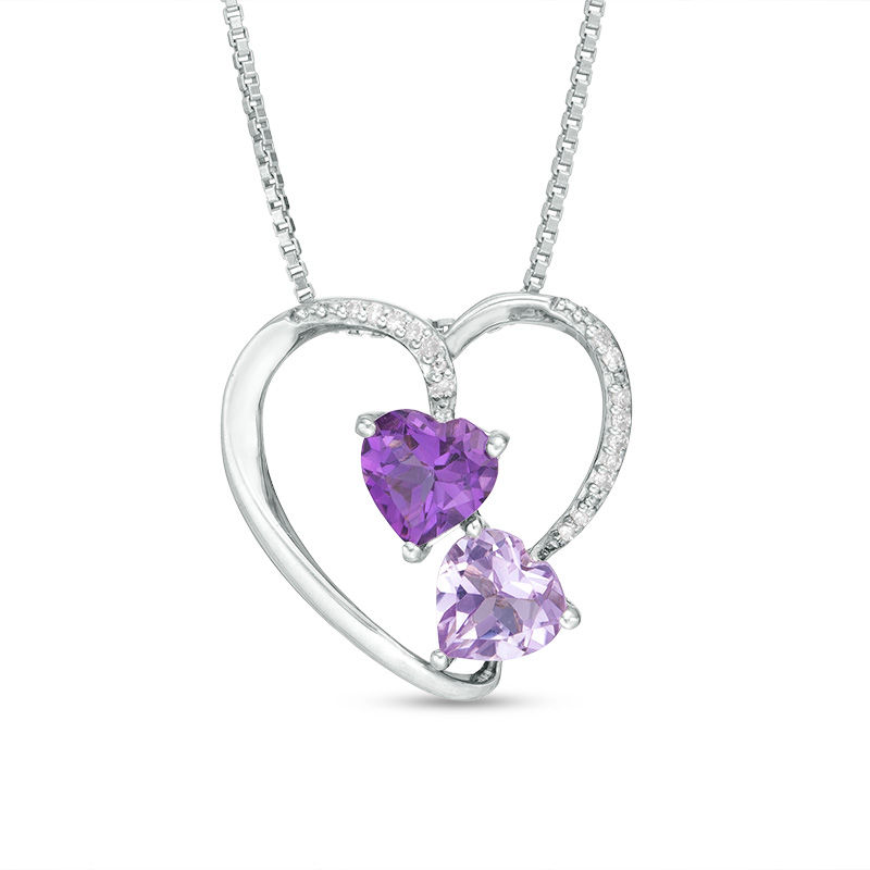 6.0mm Rose de France and Purple Amethyst with Diamond Accent Heart Pendant in Sterling Silver