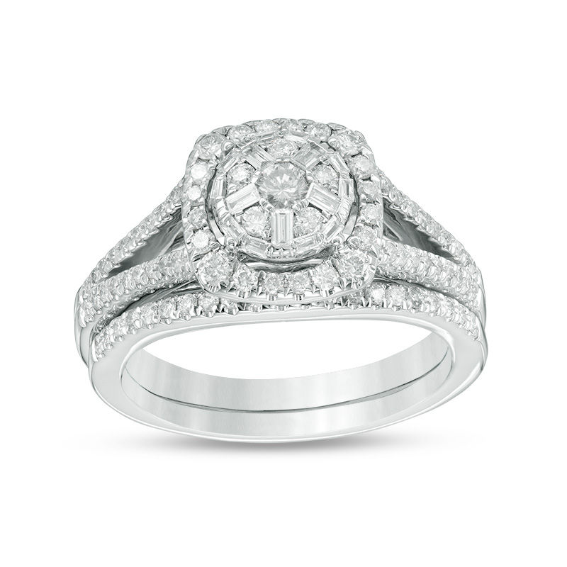 Main Image 1 of 3/4 CT. T.W. Composite Diamond Cushion Frame Split Shank Bridal Set in 14K White Gold