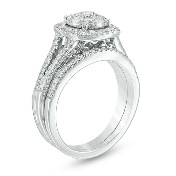 3/4 CT. T.w. Composite Diamond Cushion Frame Split Shank Bridal Set in 14K White Gold