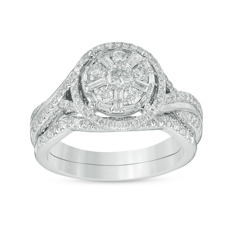 Main Image 1 of 7/8 CT. T.W. Diamond Frame Twist Bridal Set in 14K White Gold