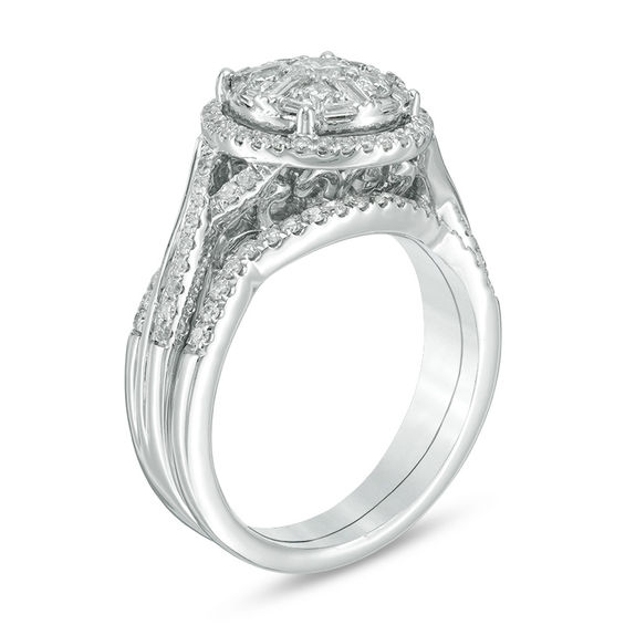 7/8 CT. T.w. Diamond Frame Twist Bridal Set in 14K White Gold