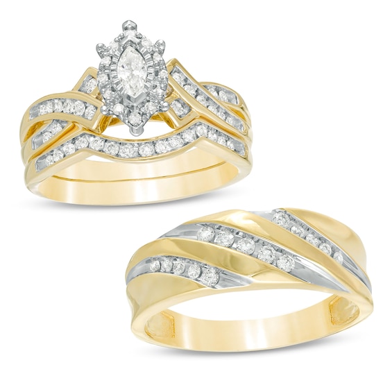 5/8 CT. T.w. Marquise Diamond Frame Wedding Ensemble in 10K Two-Tone Gold - Size 7 and 10