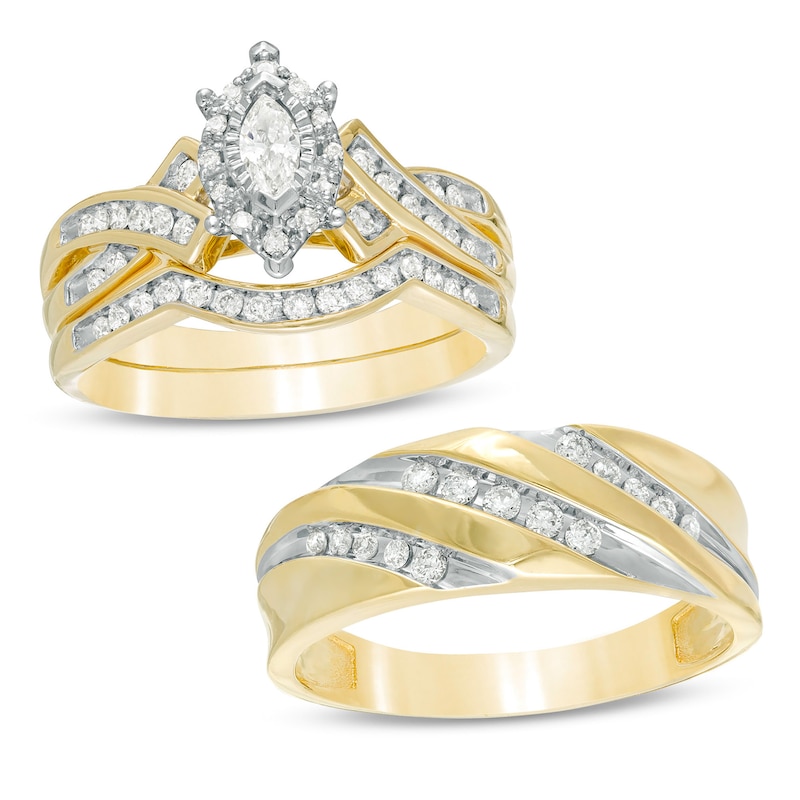 Main Image 1 of 5/8 CT. T.W. Marquise Diamond Frame Wedding Ensemble in 10K Two-Tone Gold - Size 7 and 10