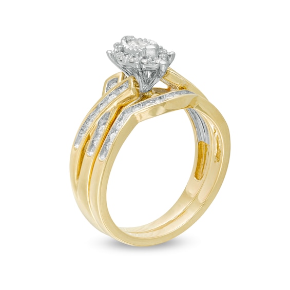 5/8 CT. T.w. Marquise Diamond Frame Wedding Ensemble in 10K Two-Tone Gold - Size 7 and 10