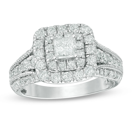 1-1/2 CT. T.w. Princess-Cut Diamond Square Frame Vintage-Style Engagement Ring in 14K White Gold