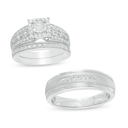 3/8 CT. T.W. Diamond Wedding Ensemble in 10K White Gold - Size 7 and 10