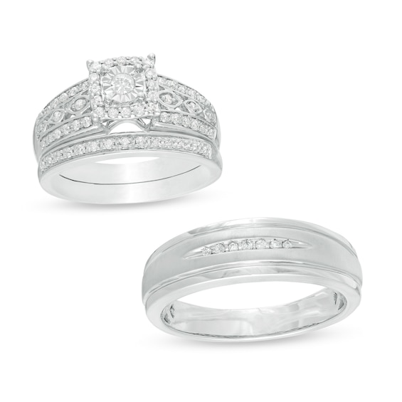 3/8 CT. T.w. Diamond Wedding Ensemble in 10K White Gold - Size 7 and 10