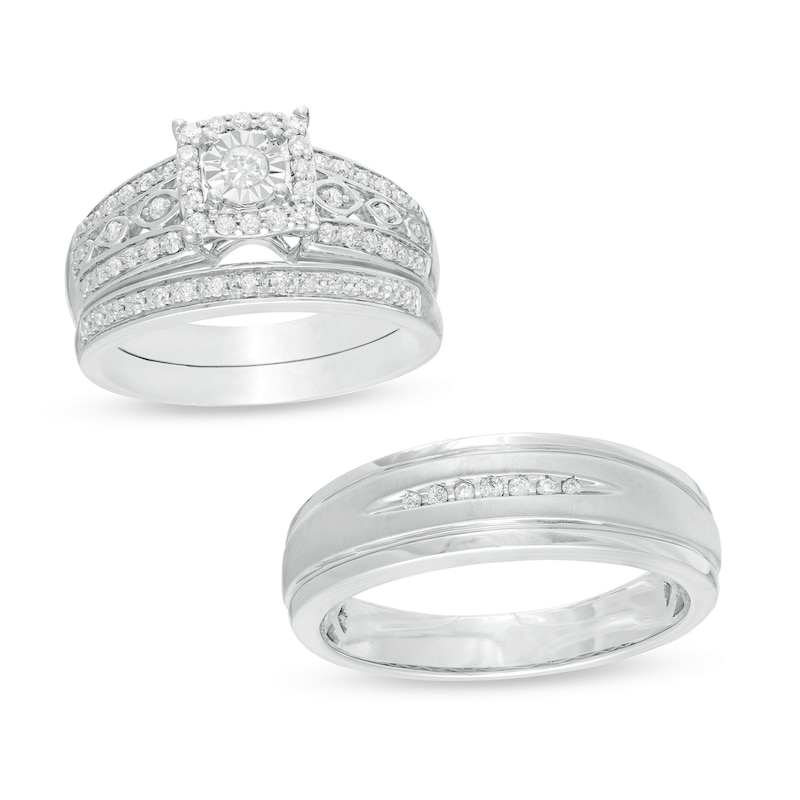 Main Image 1 of 3/8 CT. T.W. Diamond Wedding Ensemble in 10K White Gold - Size 7 and 10