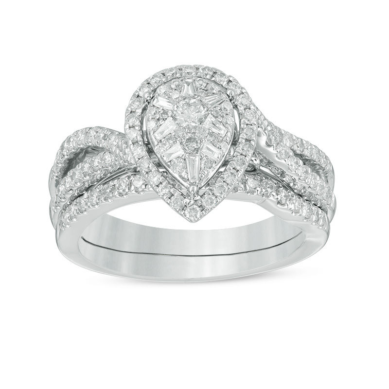 Main Image 1 of 3/4 CT. T.W. Composite Diamond Pear-Shaped Frame Split Shank Bridal Set in 14K White Gold