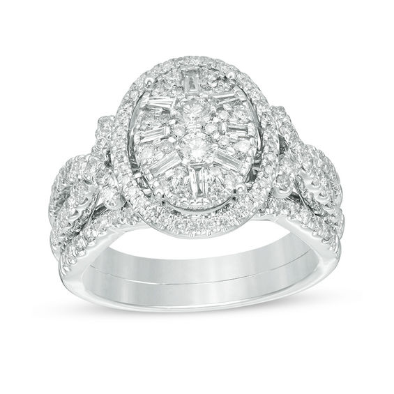 1-1/6 CT. T.w. Composite Diamond Oval Frame Twist Bridal Set in 14K White Gold