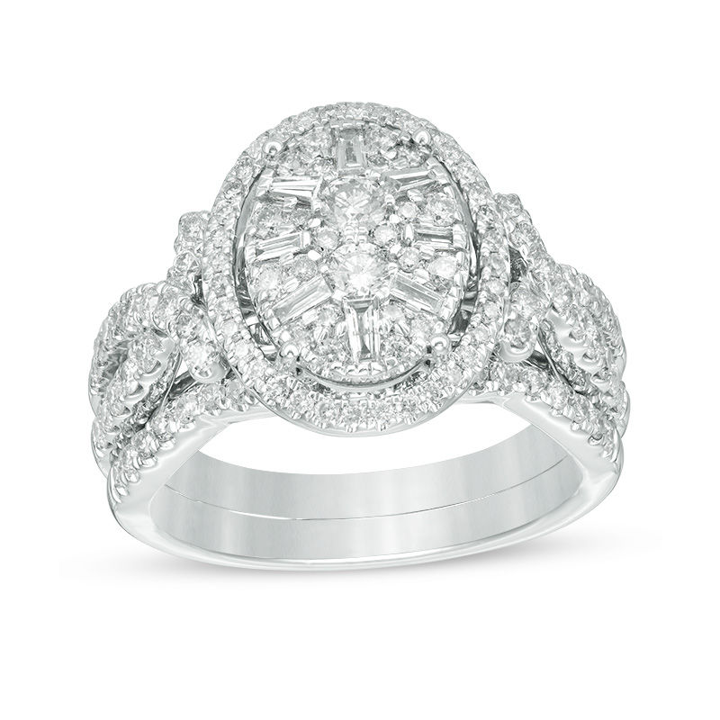 Main Image 1 of 1-1/6 CT. T.W. Composite Diamond Oval Frame Twist Bridal Set in 14K White Gold