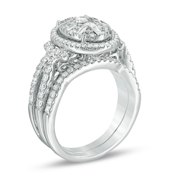 1-1/6 CT. T.w. Composite Diamond Oval Frame Twist Bridal Set in 14K White Gold