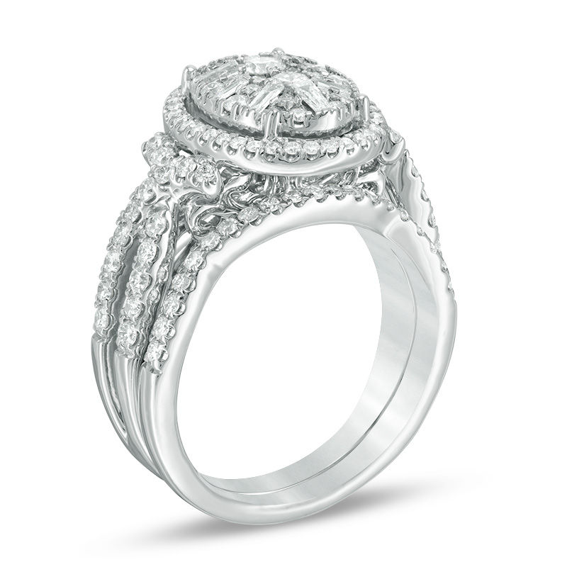 Main Image 2 of 1-1/6 CT. T.W. Composite Diamond Oval Frame Twist Bridal Set in 14K White Gold