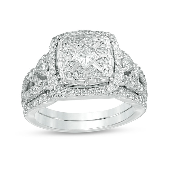 1-1/6 CT. T.w. Cushion Multi-Diamond Frame Twist Shank Bridal Set in 14K White Gold