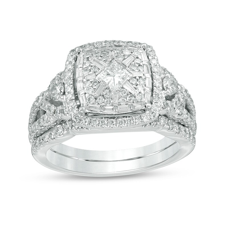 Main Image 1 of 1-1/6 CT. T.W. Cushion Multi-Diamond Frame Twist Shank Bridal Set in 14K White Gold