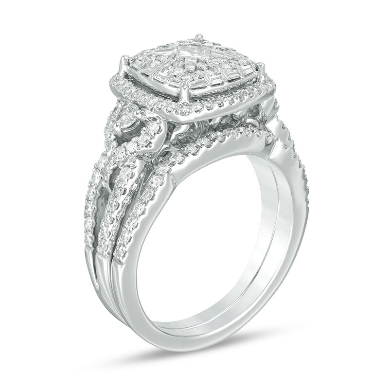 Main Image 2 of 1-1/6 CT. T.W. Cushion Multi-Diamond Frame Twist Shank Bridal Set in 14K White Gold