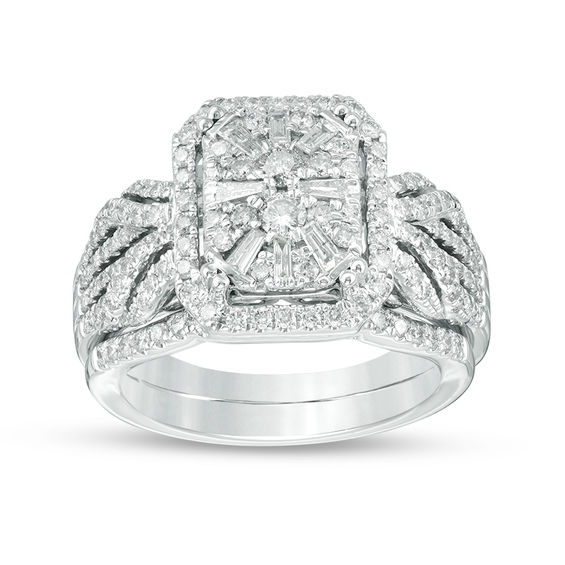 1-1/8 CT. T.w. Composite Diamond Rectangle Frame Twist Bridal Set in 14K White Gold