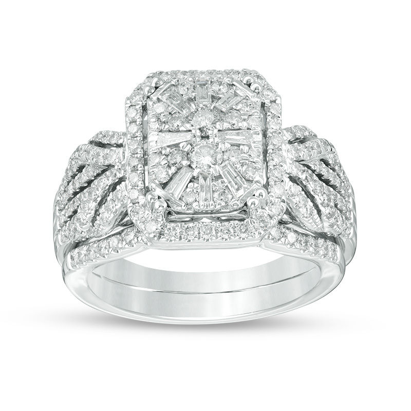 Main Image 1 of 1-1/8 CT. T.W. Composite Diamond Rectangle Frame Twist Bridal Set in 14K White Gold