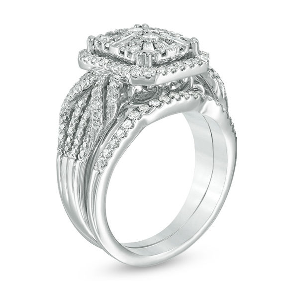 1-1/8 CT. T.w. Composite Diamond Rectangle Frame Twist Bridal Set in 14K White Gold