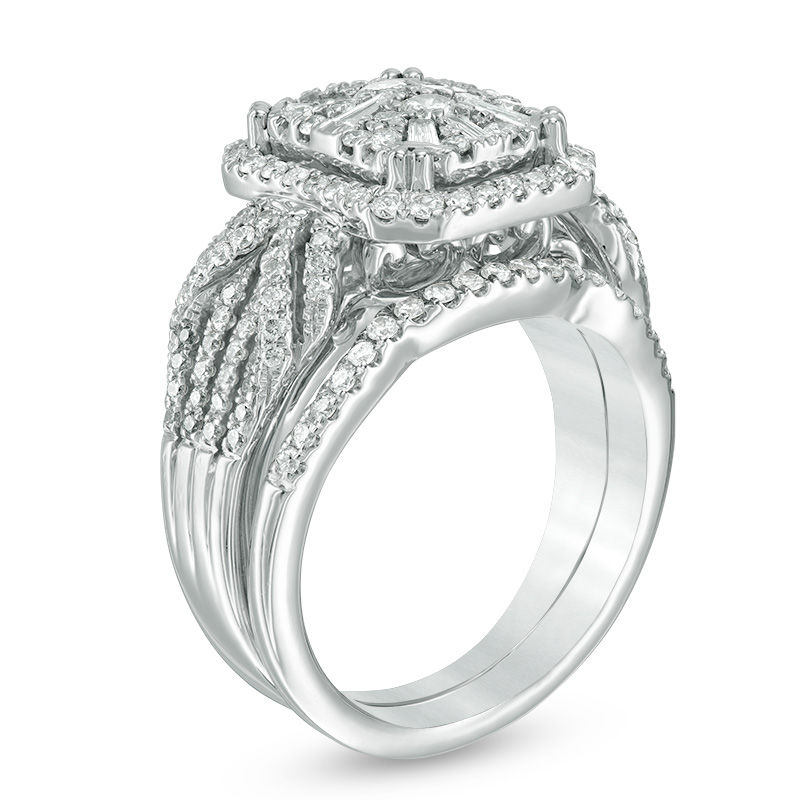Main Image 2 of 1-1/8 CT. T.W. Composite Diamond Rectangle Frame Twist Bridal Set in 14K White Gold