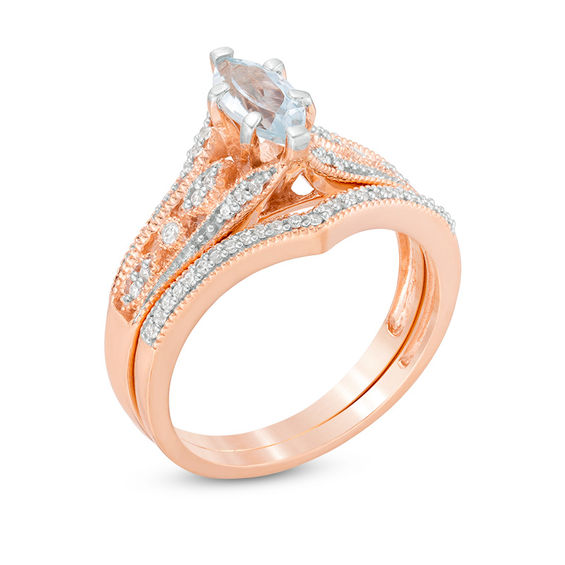 Marquise Aquamarine and 1/5 CT. T.w. Diamond Bridal Set in 10K Rose Gold