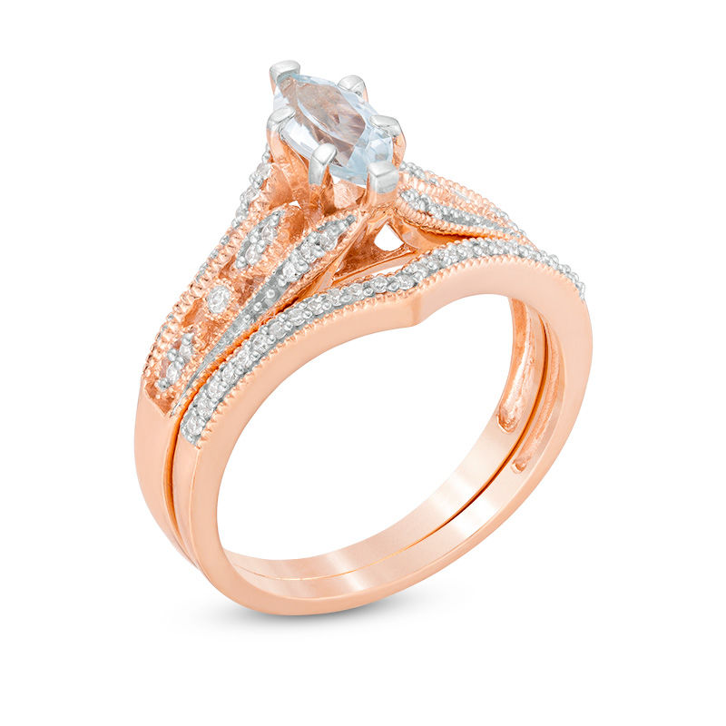 Main Image 2 of Marquise Aquamarine and 1/5 CT. T.W. Diamond Bridal Set in 10K Rose Gold