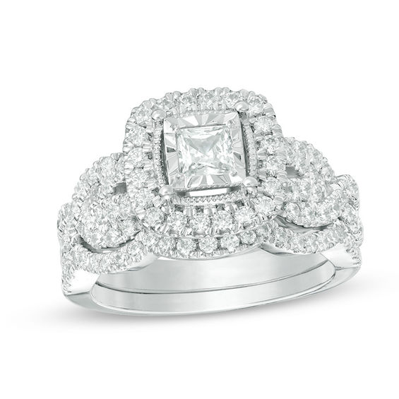 1-1/2 CT. T.w. Princess-Cut Diamond Frame Vintage-Style Twist Bridal Set in 14K White Gold