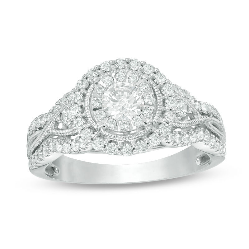 Main Image 1 of 7/8 CT. T.W. Diamond Frame Twist Shank Vintage-Style Engagement Ring in 14K White Gold