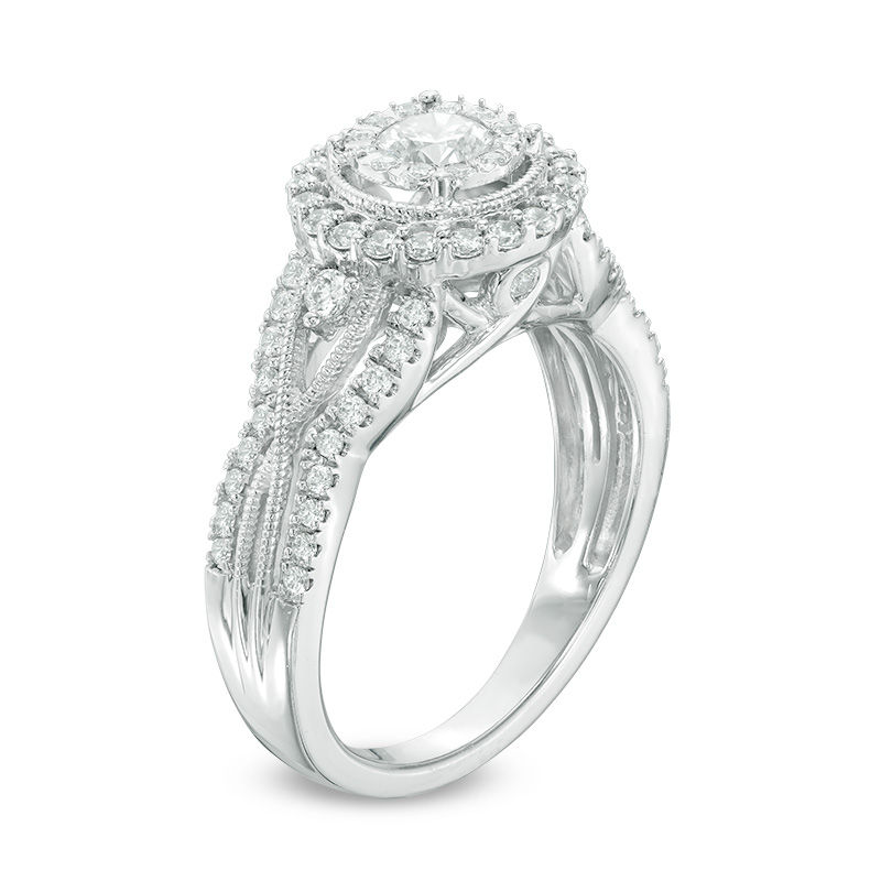 7/8 CT. T.W. Diamond Frame Twist Shank Vintage-Style Engagement Ring in 14K White Gold