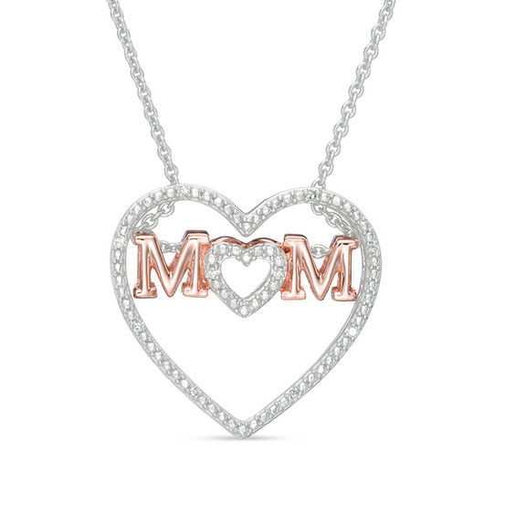Diamond Accent Mom Double Heart Pendant in Sterling Silver with 14K Rose Gold Plate
