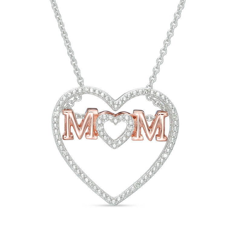 Main Image 1 of Diamond Accent &quot;MOM&quot; Double Heart Pendant in Sterling Silver with 14K Rose Gold Plate