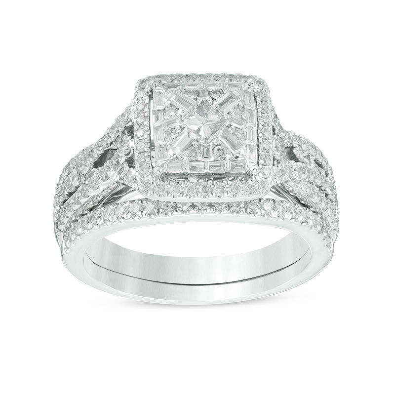 Main Image 1 of 7/8 CT. T.W. Princess-Cut Diamond Frame Twist Bridal Set in 14K White Gold