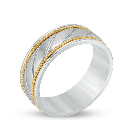 8.0mm Comfort Fit Slant Groove Wedding Band in 10K Two-Tone Gold - Size 10