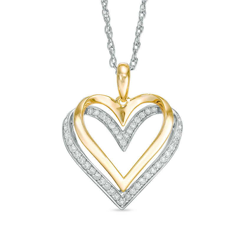 Main Image 1 of Lab-Created White Sapphire Layered Heart Pendant in Sterling Silver and 14K Gold Plate